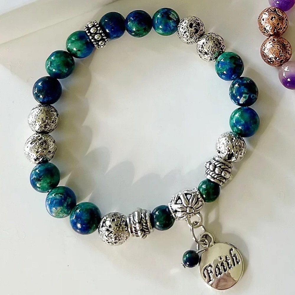 Faith Silver Tone Lava Bead Bracelet w/ Gemstones and Inspiration Charm in Bag